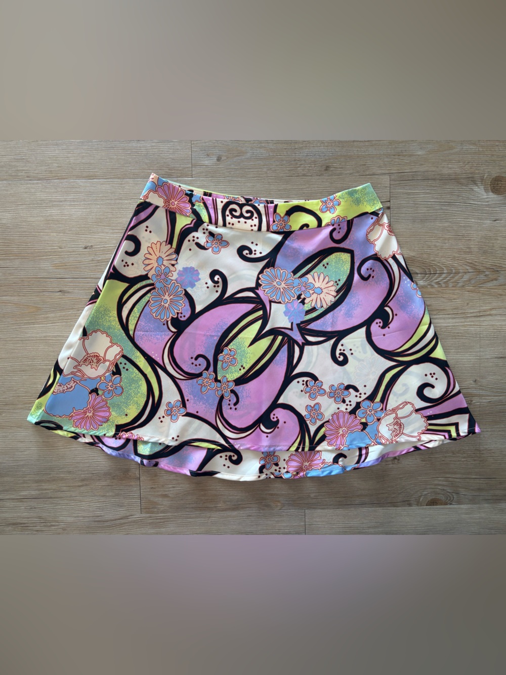 Free People Pastel Floral Swirl Satin Mini Skirt - Pink, Lavender, Green, Cream